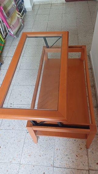 Mesa centro madera y cristal elevable