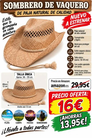 Sombrero Vaquero Paja Natural Calidad
