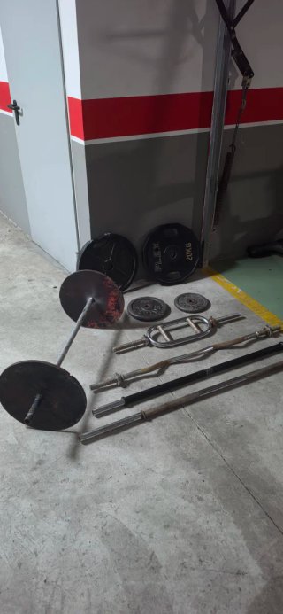 Lote de barras y discos de pesas