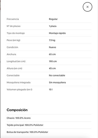 Cama Plegable Rápida 190x65cm