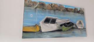 Cuadro Pintura Barcos y Montañas