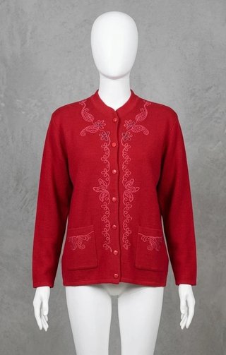 Salvo Green Cardigan Rosso con Ricami Floreali e