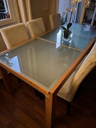 Mesa comedor extensible madera y cristal