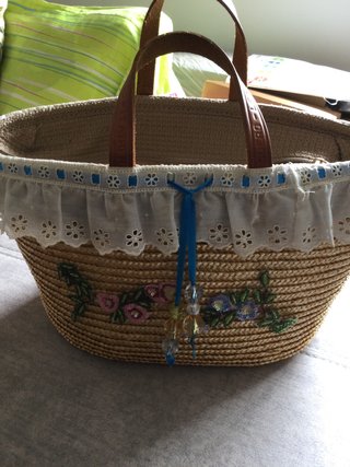 Bolso de playa de rafia con encaje