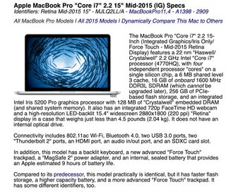MacBook Pro 15 2015 16GB RAM 256GB SSD