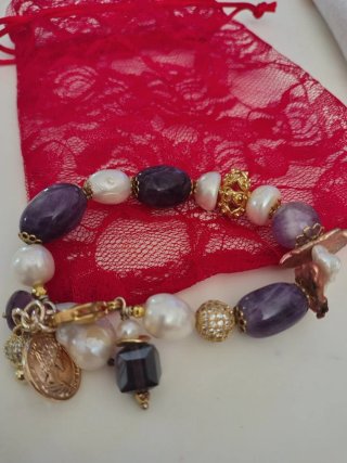 Bracciale artigianale perle acquamarina e ametista