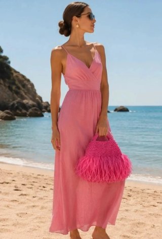 Bolso rosa fucsia de rafia hecho a mano con flecos