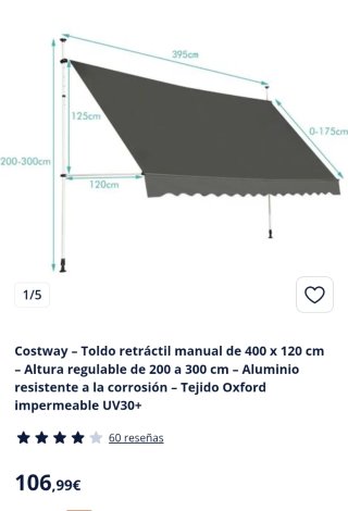 Costway – Toldo retráctil manual de 400 x 120 cm