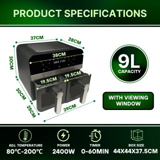Freidora de aire doble 9 L con visor 2400 W