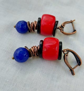 Collar,pendientes,coral,natural,lapizuli,bronze