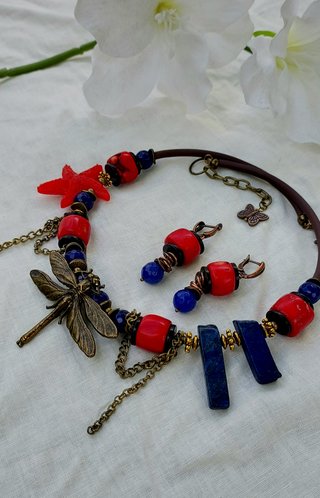 Collar,pendientes,coral,natural,lapizuli,bronze