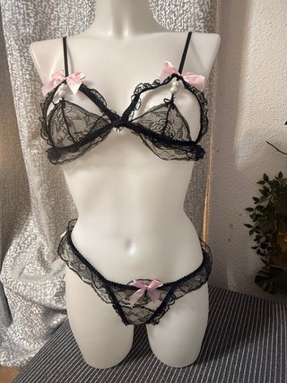 Conjunto Lenceria Sexy Encaje Negro Rosa