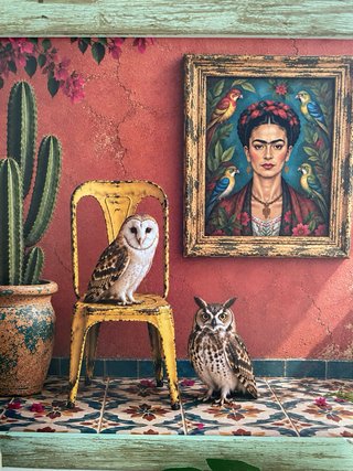 Cuadro verde envejecido búhos entre cactus y Frida