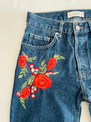 Mango Jeans Donna XS Blu Ricami Floreali