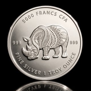 Moneda Plata Chad 5000 Francos Rinoceronte 1 Oz