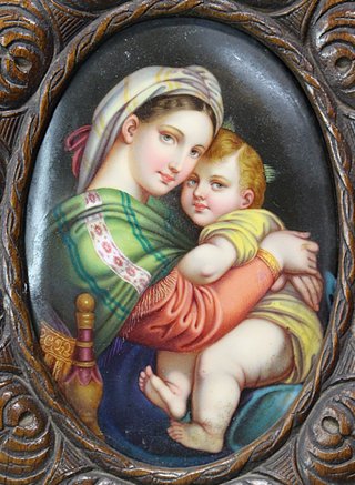Pintura sobre porcelana de la Virgen de la Silla, Madonna della Seggiola de Rafael.