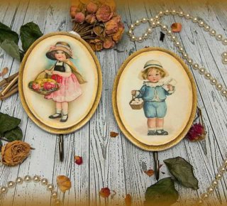 Set 2 appendini legno decoupage vintage