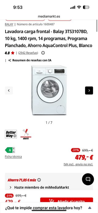 Lavadora Balay 10kg Extra Silence 3 años