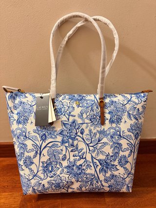Bolso Tote Ralph Lauren Floral Azul Blanco Nuevo