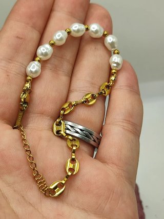 Pulsera Acero Dorado y Perlas Estilo Marinero