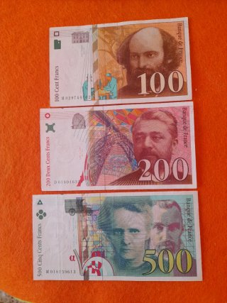 Billetes Franceses Antiguos (100, 200, 500 Francos