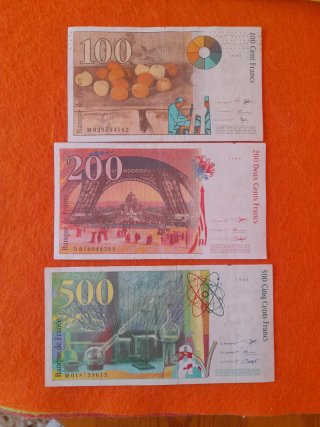 Billetes Franceses Antiguos (100, 200, 500 Francos