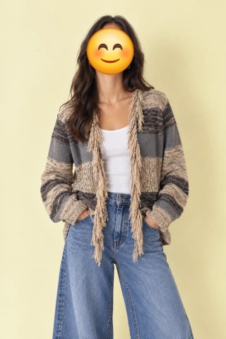 Chaqueta de punto flecos Talla M Azul Gris Mujer