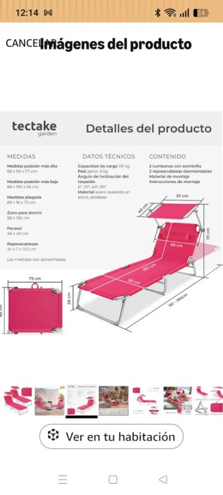 Tumbona plegable playa con reposacabezas