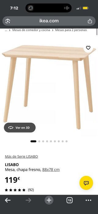 Mesa LISABO IKEA madera fresno 88x78 cm