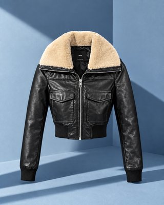 Chaqueta Bomber Cuero Mango Talla S - Cuello Pelo