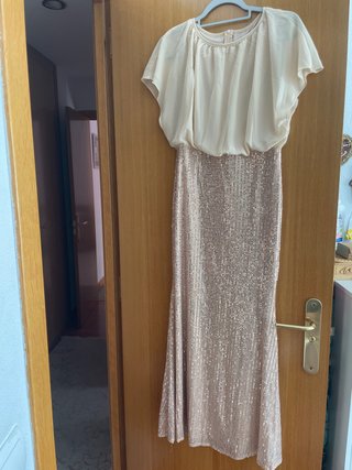 Vestido largo lentejuelas beige y dorado