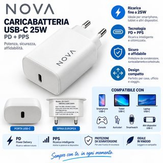 Caricabatteria Nova 25W USB-C PD Pps Fast Charge