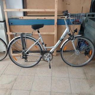 Bicicleta plateada con cesta y portaequipajes