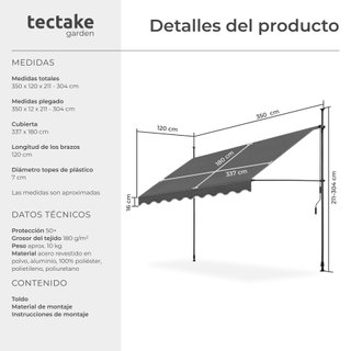 Toldo plegable para balcón con manivela 350x120x211 - 304 cm, negro