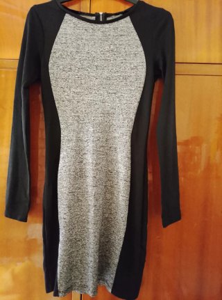 Vestido largo manga larga gris y negro