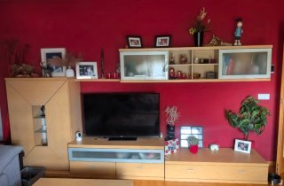 Mueble de salón madera roble y cristal
