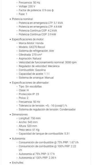 Generador Honda GX270 Recoil 5.1 kVA