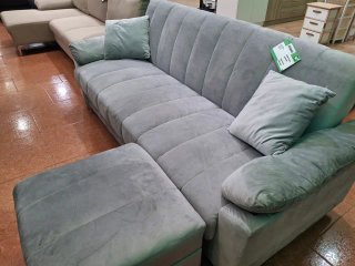 Sofá Cama Gris Terciopelo + Puff