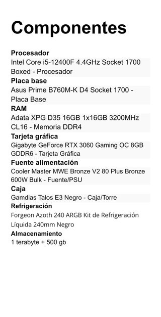 PC Gaming i5-12400F + RTX 3060 8GB + 16GB RAM