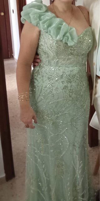 Vestido fiesta pedrería verde plateado