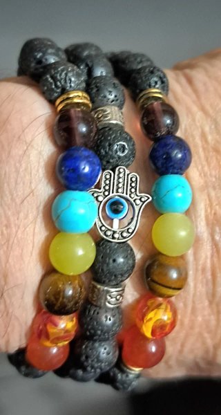 3 Bracciali Chakra Pietra Lavica Hamsa