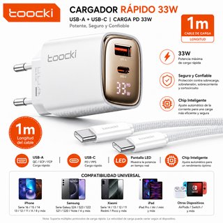 Cargador Rápido Toocki 33W USB-A + USB-C ,cable 1m
