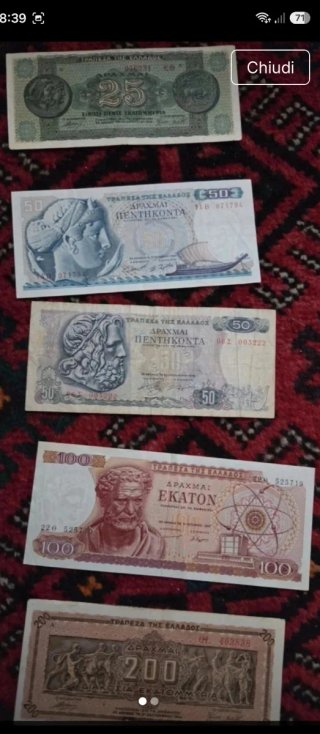 Grecia: Banconote 25, 50(2), 100, 200 Dracme