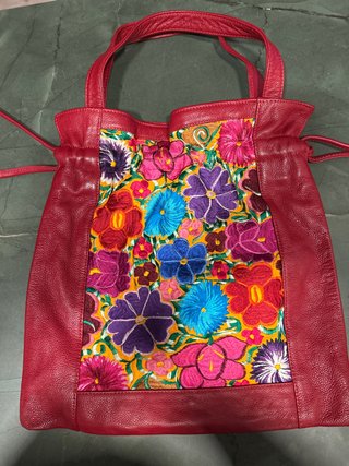Bolso Piel Rojo Tejido Mexicano Flores