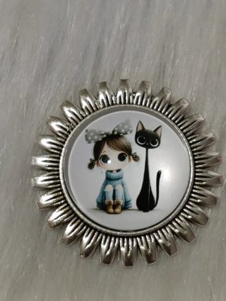 Broche y colgante niña y gato plata