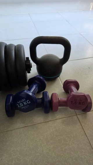 Set Pesas Ajustables + Mancuernas y Pesa Rusa