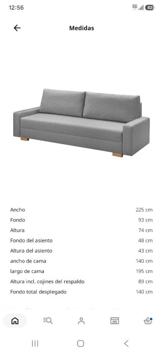 Sofá Cama Gris con dos cojines. Se hace cama.doble