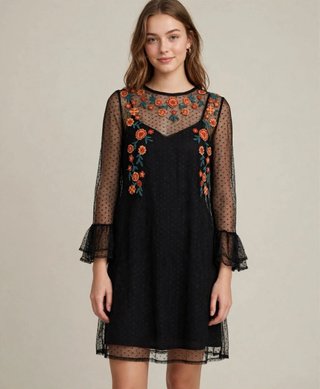 Vestido Zara Negro Bordado Malla