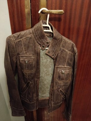 Chaqueta de cuero marrón para mujer, talla S