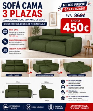 Sofá Cama 3 Plazas Tela Verde